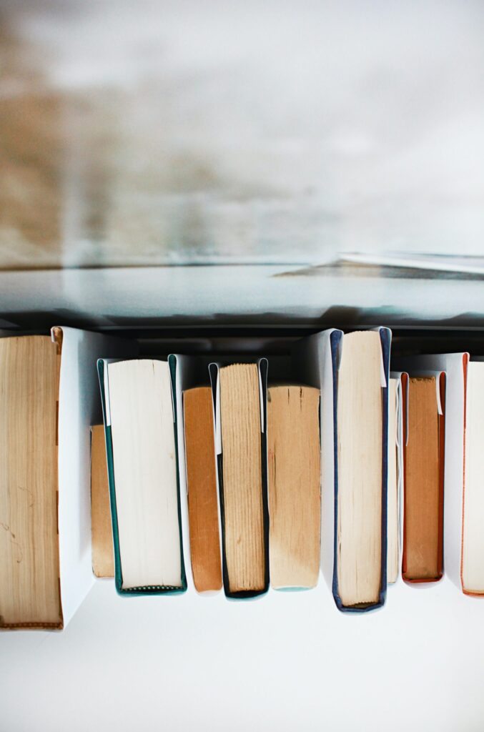 Top down view of a row of books. Only the pages are visible.